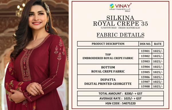 Vinay Silkina Royal Crepe 35 Festive Wear Embroidery Salwar Suits